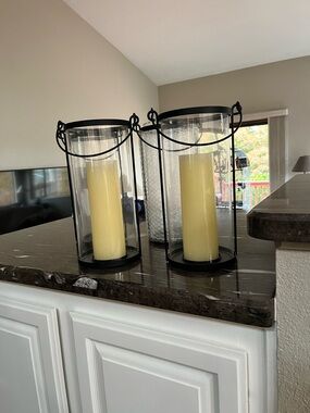 Set of 4 Metal and Glass Candle Lantern with Cream Pillar Candle -